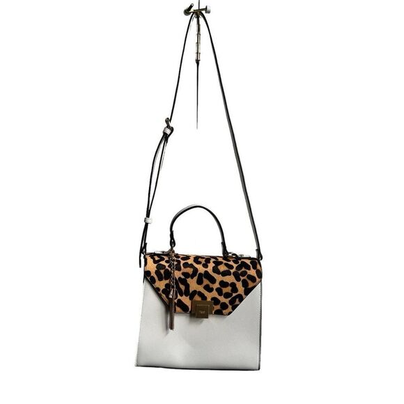 Dune London White Saffiano Leather Leopard Print Calf Hair Fur Trimmed Hand Bag - Picture 9 of 15